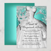 Silver Blauwgroen prinses Masquerade Sweet 16 Invi Kaart (Voorkant / Achterkant)