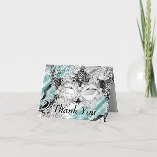 Silver Blauwgroen Sparkle Mask Masquerade Dank u Bedankkaart (Voorkant)