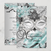Silver Blauwgroen Sparkle Masquerade Quinceanera Kaart (Voorkant / Achterkant)