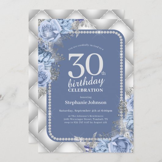Silver Blue 30th Birthday Invitation Kaart (Voorkant / Achterkant)
