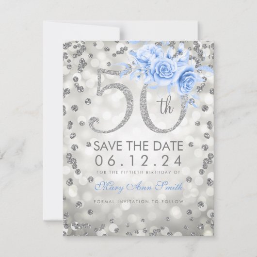 Silver Blue 50th Birthday Glam Lights Save The Date (Voorkant)