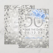 Silver Blue 50th Birthday Glam Lights Save The Date (Voorkant / Achterkant)