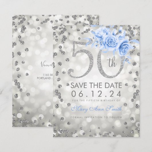 Silver Blue 50th Birthday Glam Lights Save The Date (Voorkant / Achterkant)