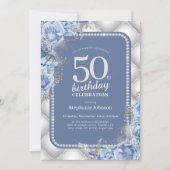 Silver Blue 50th Birthday Invitation Kaart (Voorkant)