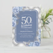 Silver Blue 50th Birthday Invitation Kaart (Staand voorkant)