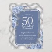 Silver Blue 50th Birthday Invitation Kaart (Voorkant / Achterkant)