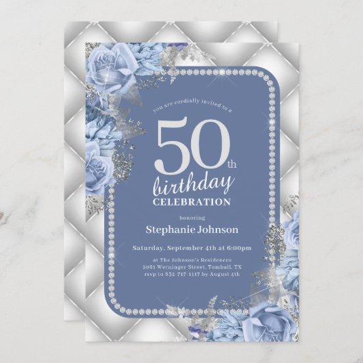 Silver Blue 50th Birthday Invitation Kaart (Voorkant / Achterkant)