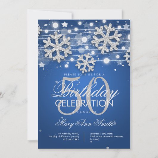 Silver Blue 50th Birthday Party Winter Glitter Kaart (Voorkant)