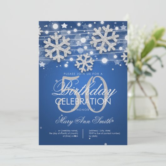 Silver Blue 50th Birthday Party Winter Glitter Kaart (Staand voorkant)
