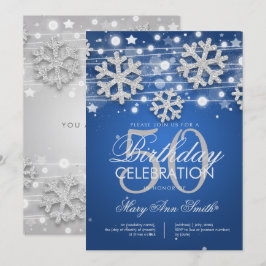 Silver Blue 50th Birthday Party Winter Glitter Kaart