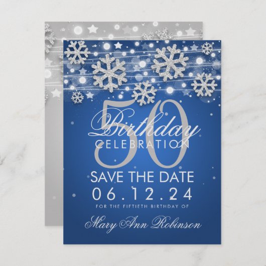 Silver Blue 50th Birthday Save Date Winter Save The Date (Voorkant / Achterkant)