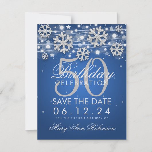 Silver Blue 50th Birthday Save the Date Winter Kaart (Voorkant)