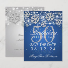 Silver Blue 50th Birthday Save the Date Winter Kaart