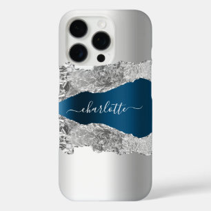 Silver blue agate marble name script iPhone 16 pro hoesje
