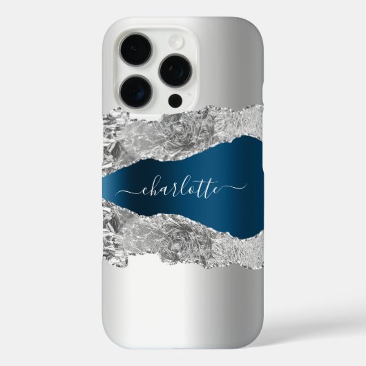 Silver blue agate marble name script Case-Mate iPhone case (Achterkant)