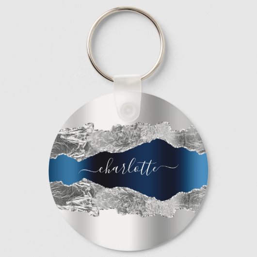 Silver blue agate marble name script sleutelhanger (Voorkant)