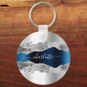Silver blue agate marble name script sleutelhanger (Voorkant)