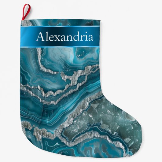 Silver Blue Aqua Glam Glitz Kerstnaam Grote Kerstsok (Voorkant)