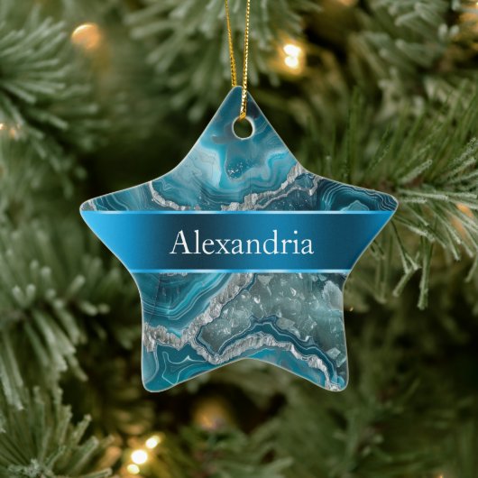 Silver Blue Aqua Glam Glitz Kerstnaam Keramisch Ornament (Boom)