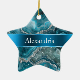 Silver Blue Aqua Glam Glitz Kerstnaam Keramisch Ornament