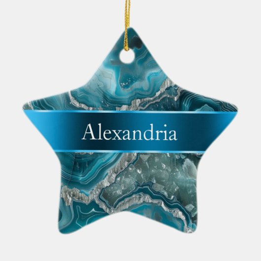 Silver Blue Aqua Glam Glitz Kerstnaam Keramisch Ornament (Voorkant)