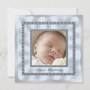 Silver Blue Baby Boy Foto Christening Baptism Kaart