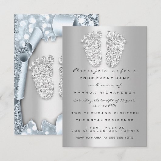 Silver Blue Baby shower Feet Boy Girl 3d Effect Kaart (Voorkant / Achterkant)