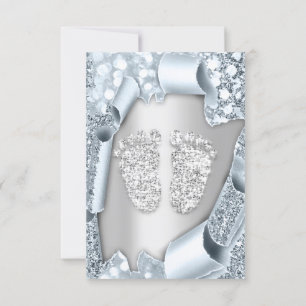 Silver Blue Baby shower Feet Boy Girl 3d Effect Kaart