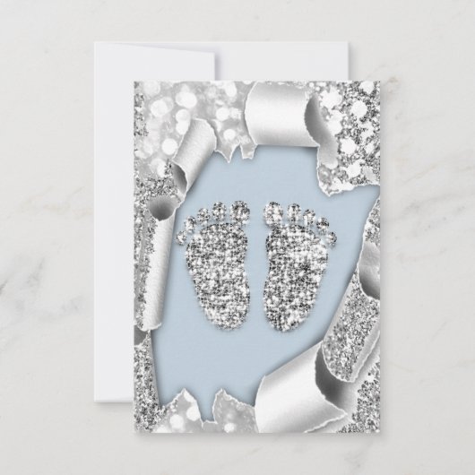 Silver Blue Baby shower Feet Boy Glitter Grey Kaart (Achterkant)