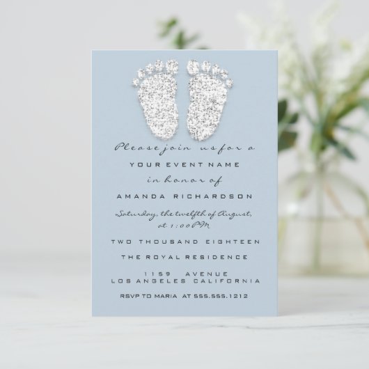 Silver Blue Baby shower Feet Boy Glitter Kaart (Staand voorkant)