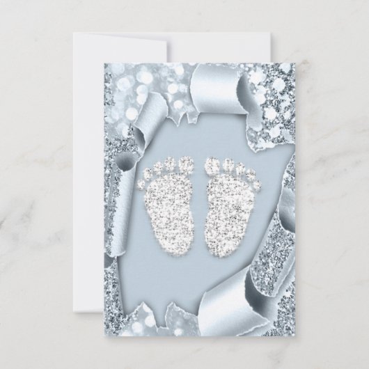 Silver Blue Baby shower Feet Boy Glitter Kaart (Achterkant)