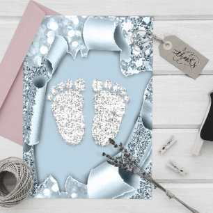 Silver Blue Baby shower Feet Boy Glitter Kaart