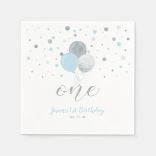 Silver & Blue Balloons Confetti Boy 1st Birthday Servet