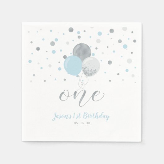 Silver & Blue Balloons Confetti Boy 1st Birthday Servet (Voorkant)