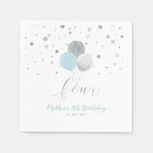 Silver & Blue Balloons Confetti Boy 4th Birthday N Servet (Voorkant)