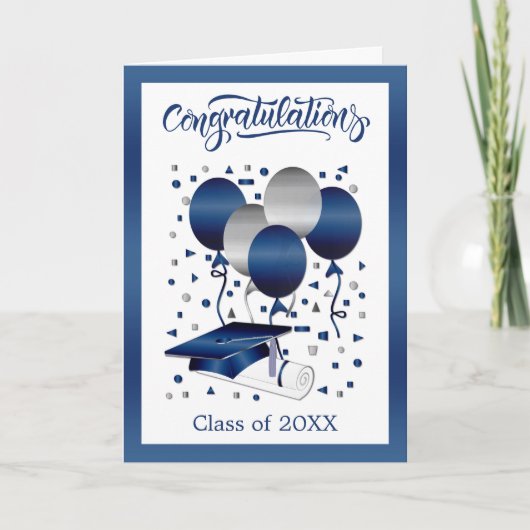 Silver Blue Balloons Mortar Pet Diploma Afstuderen Kaart (Voorkant)