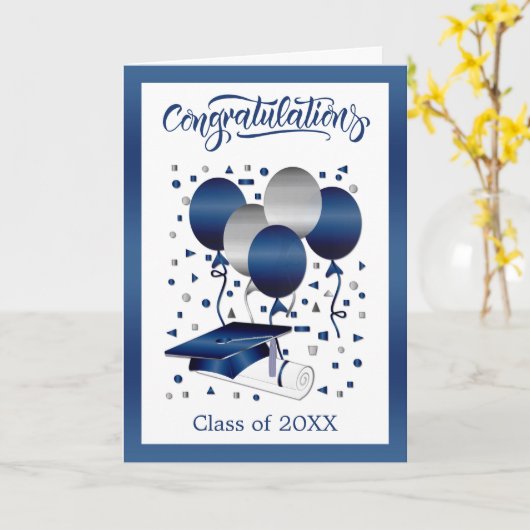 Silver Blue Balloons Mortar Pet Diploma Afstuderen Kaart (Gele Bloem)