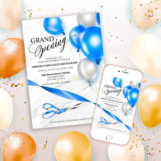 Silver Blue Balloons Restaurant Grand Opening Kaart