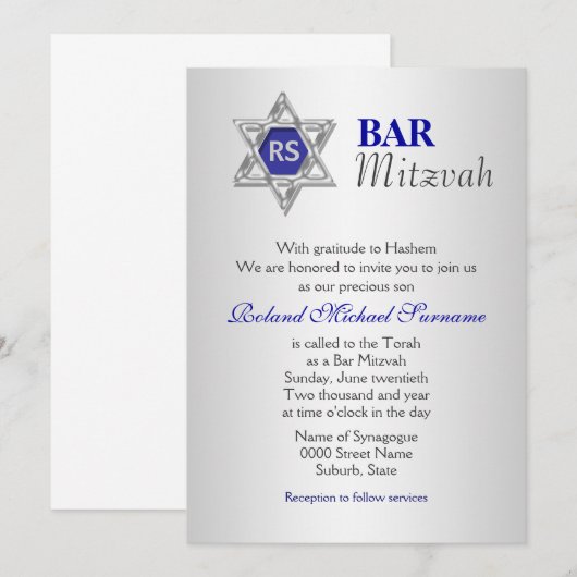 Silver Blue bar mitzvah-feesten Kaart (Voorkant / Achterkant)