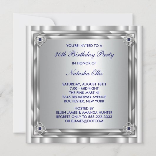 Silver Blue Birthday Party Invitation Sjabloon Kaart (Voorkant)
