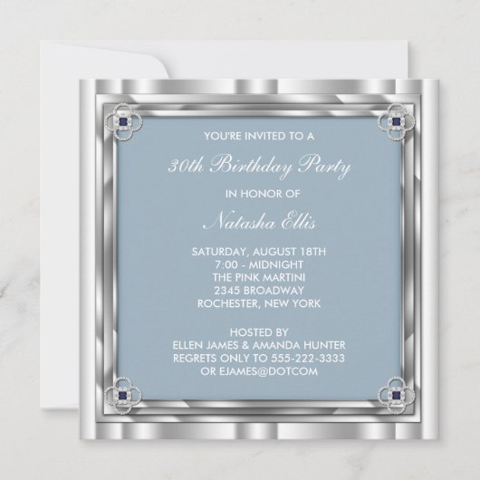 Silver Blue Birthday Party Invitation Sjabloon Kaart (Voorkant)