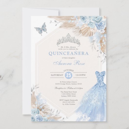 Silver Blue Boho Floral Quinceañera 15e verjaardag Kaart (Voorkant)