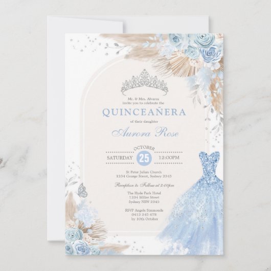 Silver Blue Boho Floral Quinceañera 15e verjaardag Kaart (Voorkant)