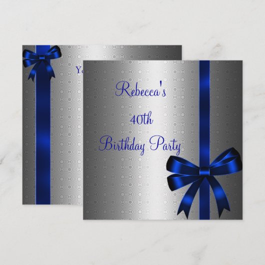 Silver Blue Bow 40th Elegant Birthday Party Kaart (Voorkant / Achterkant)