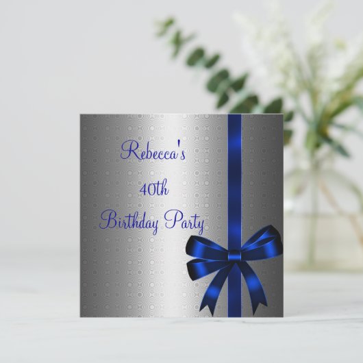 Silver Blue Bow 40th Elegant Birthday Party Kaart (Staand voorkant)