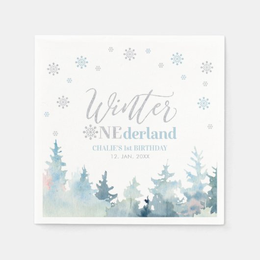 Silver & Blue Boy Winter Onederland 1e verjaardag Servet (Voorkant)