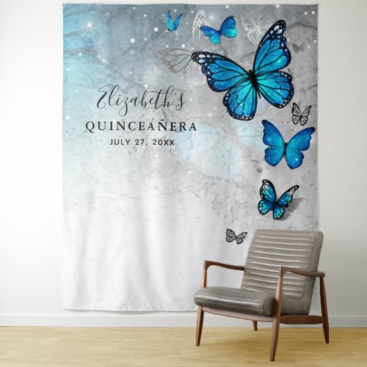 Silver Blue Butterfly Photo Backdrop Tapestations Wandkleed (In situ)