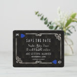 Silver Blue Casino Las Vegas Poker Wedding Save The Date<br><div class="desc">Uniek casino Royale, kunstdeco-model kaart. Hij heeft een kunstdecostijl, een Roaring 1920's oude Hollywood gebroken lijst met faux Silver folie Fleur-de-lis, blauwe harten, Q en K op twee hoeken (het simuleren van speelkaarten), op Art Deco patroonachtergrond. Op de achterzijde het zelfde lijst van de Deco van de Kunst en het...</div>