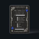 Silver Blue Casino Vegas Song Request Wedding RSVP Kaartje<br><div class="desc">Uniek casino Royale en Great Gatsby voor het kaartontwerp. Hij heeft een kunstdecostijl, een Roaring 1920's oude Hollywood gebroken lijst met faux Silver folie Fleur-de-lis, blauwe harten, Q en K op twee hoeken (het simuleren van speelkaarten), op Art Deco patroonachtergrond. Gebruik het gereedschap Personaliseren om je gegevens toe te voegen....</div>