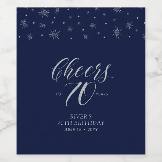 Silver Blue Cheers 70 jaar, 70e verjaardag Wijn Etiket (Enkel label)